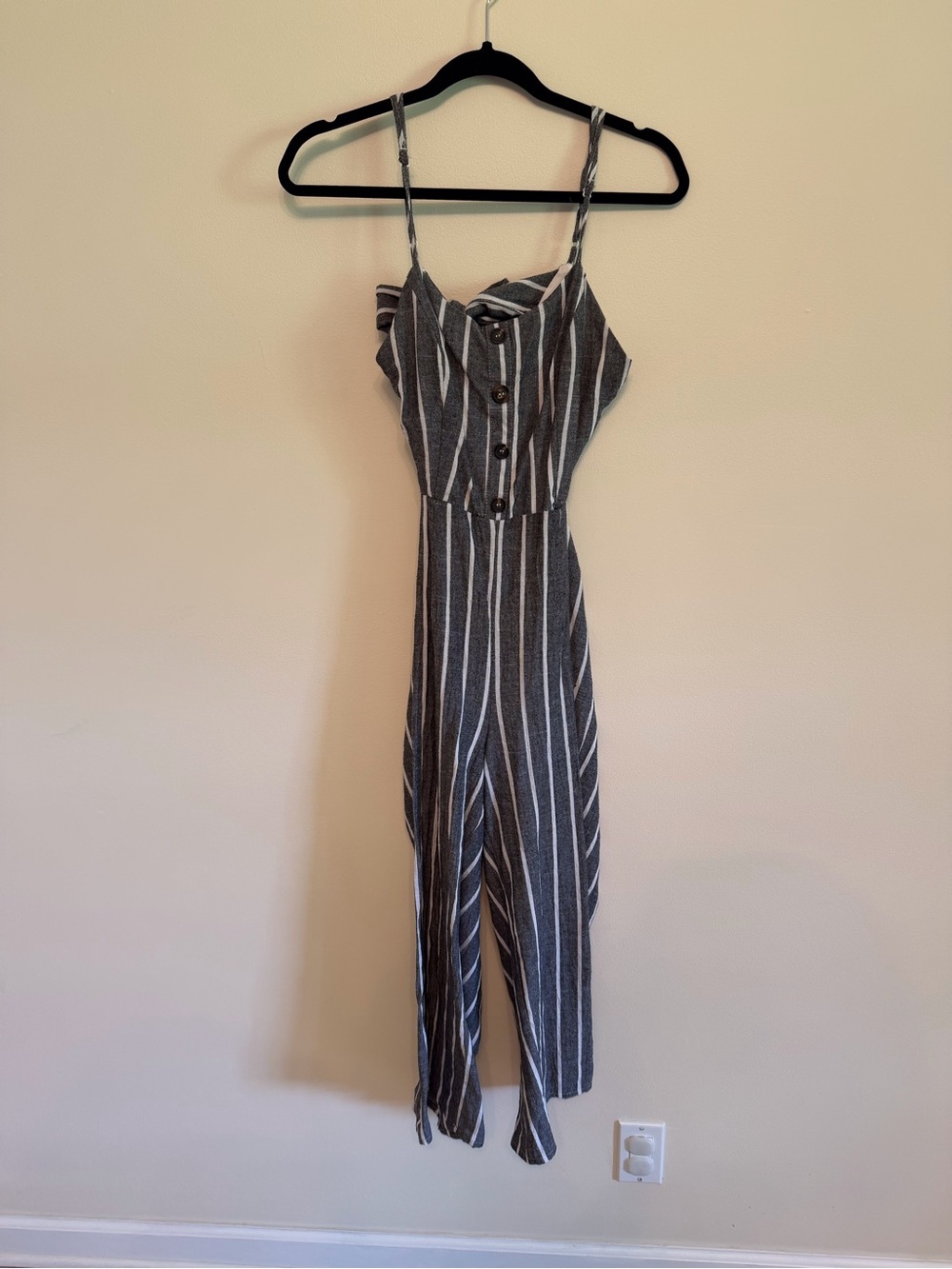 Striped Gray & White Button-Front Spaghetti-Strap Jumpsuit